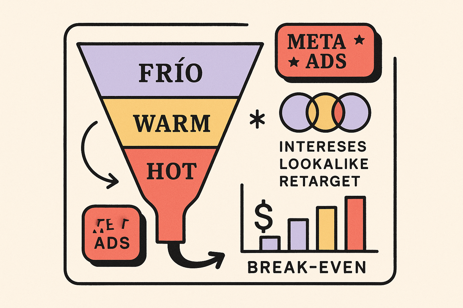 mockup editorial de un plan de meta ads con embudo y audiencias