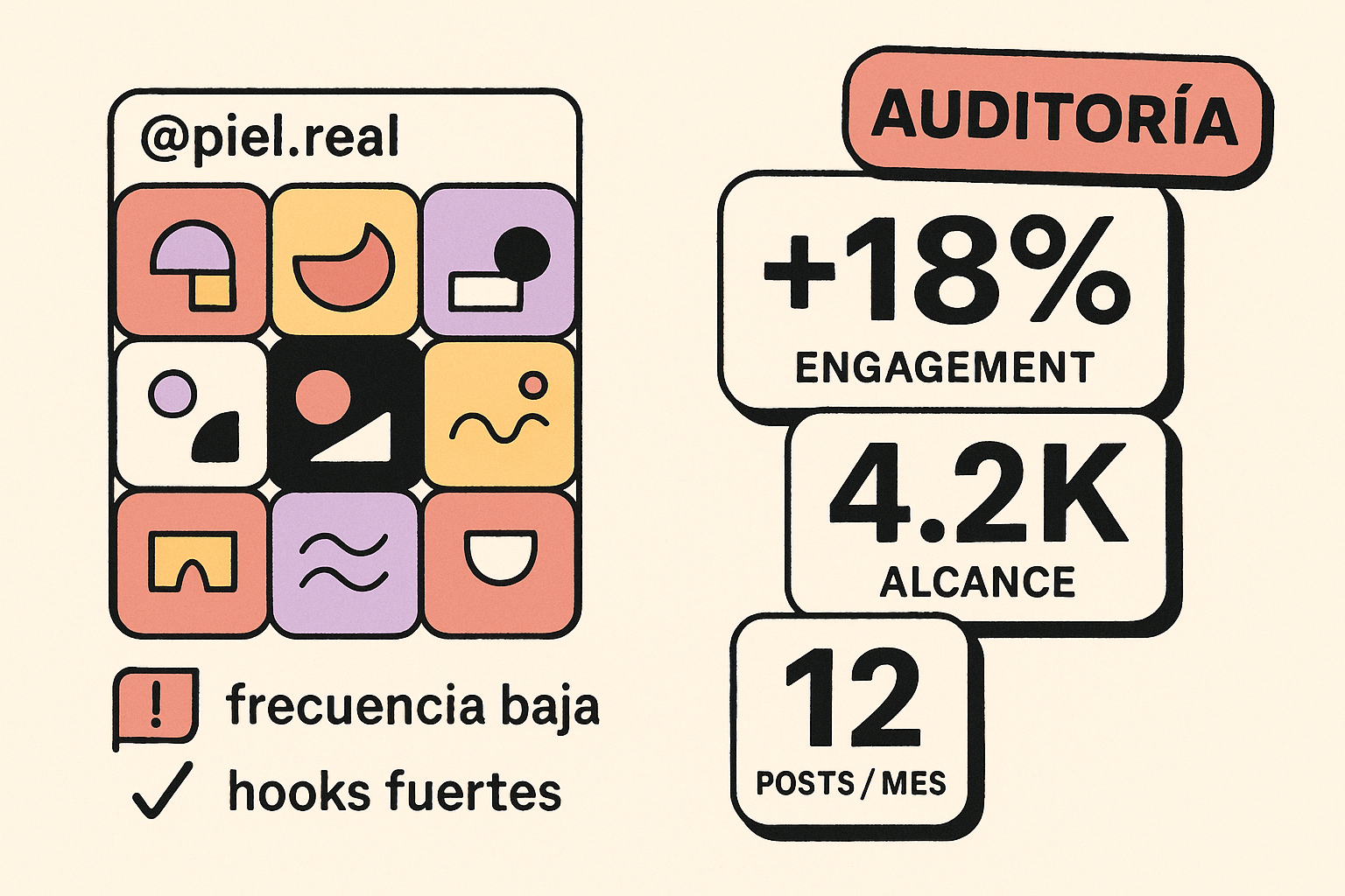 mockup editorial de auditoría de instagram con grilla del feed y métricas