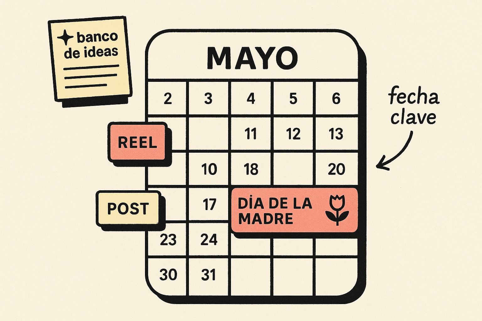 mockup de calendario editorial de mayo con post-its de tipos de post